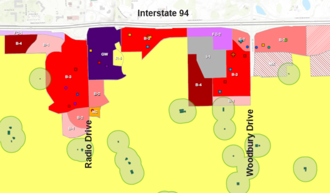 The areas in coral (B2) and red (B3) will be zoned for cannabis and hemp retailers along I-94 in Woodbury. The gray area (I-1) will be zoned for industry manufacturers and warehouses. Map: City of Woodbury