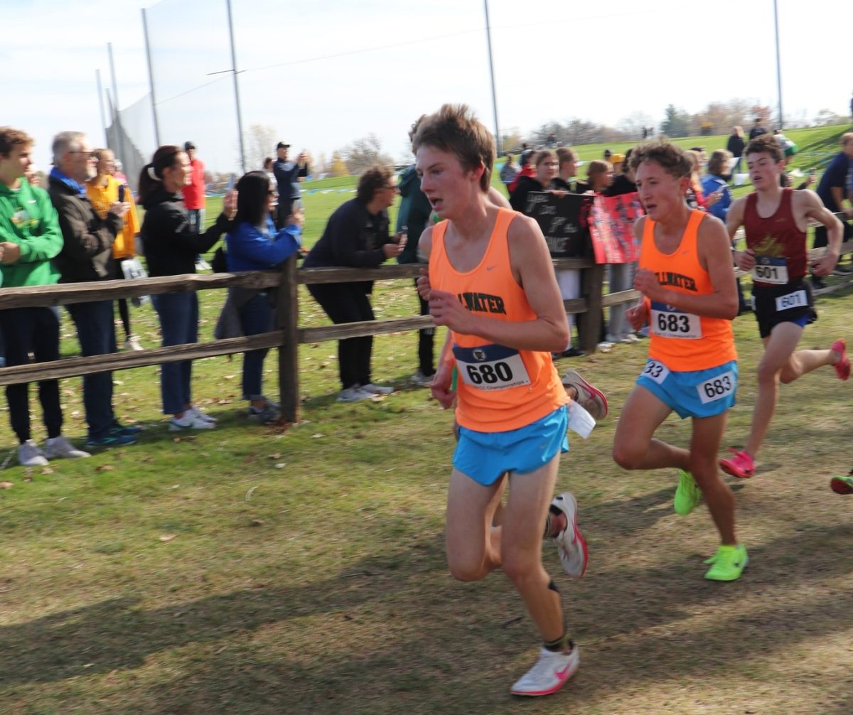 George Nelson (#680) and Andrew Walsh (#683) compete in the State Cross County Meet. Photo: Contributed