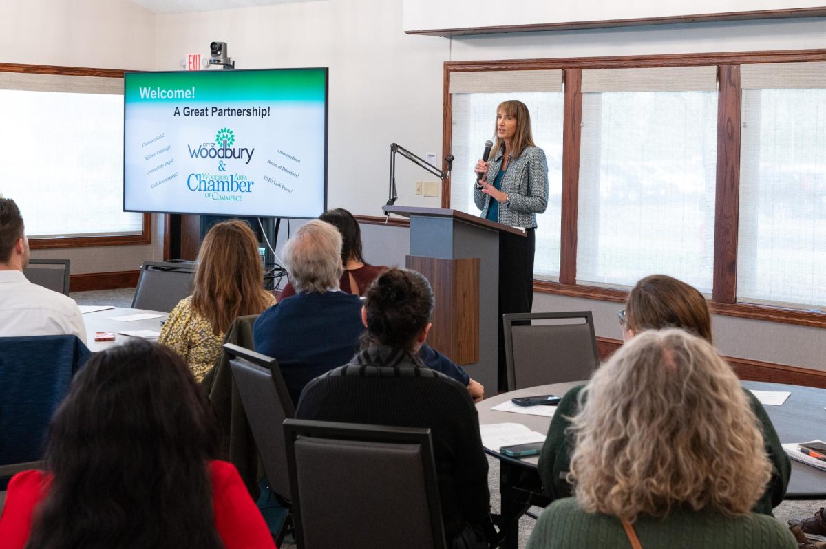 Mayor Anne Burt addresses members of the Woodbury Area Chamber of Commerce last Thursday. 