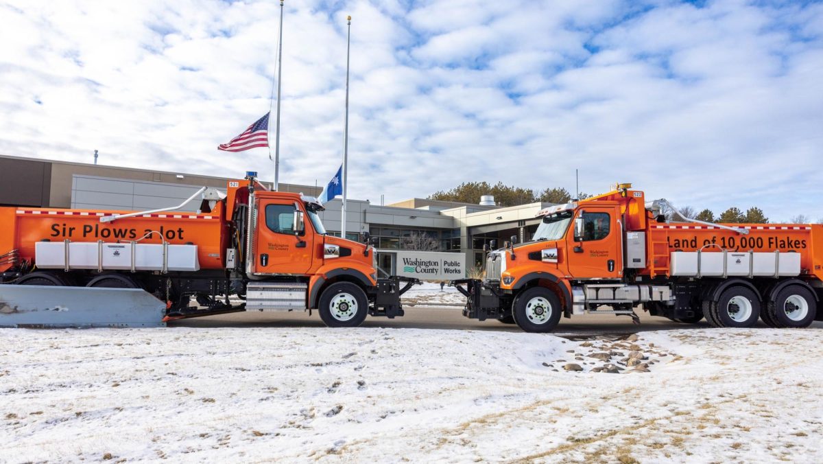 Newly named Washington County snowplows Sir Plows a lot and Land of 10,000 Flakes parked in front of the Washington County Public Works North Shop in January 2025.