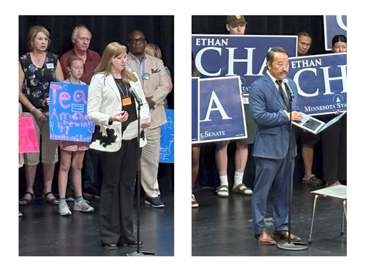 Both DFL candidates addressed the delegates at Tuesday's meeting at Oltman Middle School.