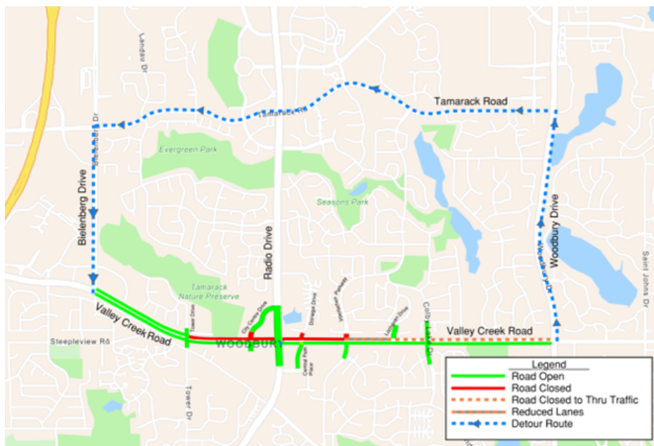 A map highlights the closure of westbound Valley Creek Road in Woodbury, Minn., beginning Sept. 2, 2025. Detours will direct traffic to Woodbury Drive, Tamarack Road and Bielenberg Drive.