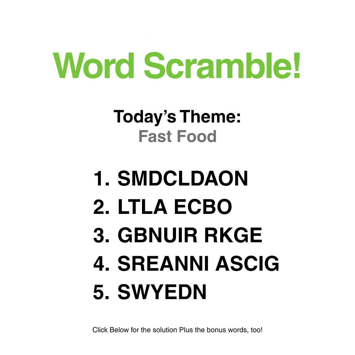 Word Scramble 67: Fast Food