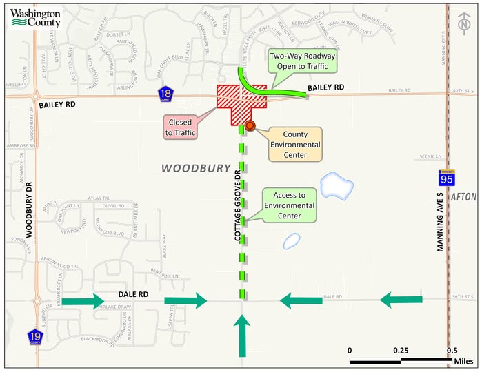 The map shows an additional route from Manning Avenue, but with construction of another roundabout at Bailey Road and Manning beginning shortly, it may not be the ideal approach. (Credit/Washington County)