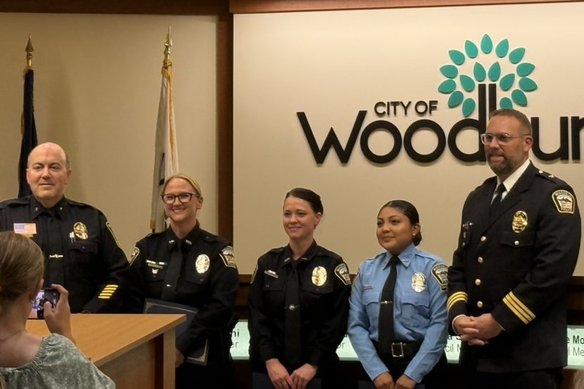 From left to right: Oak Park Heights Police Chief Steven Hansen, Detective Kim Richardson, Detective Caitlin Jaworski, Community Service Officer Stephanie Sosa, Woodbury Police Chief Jason Posel.